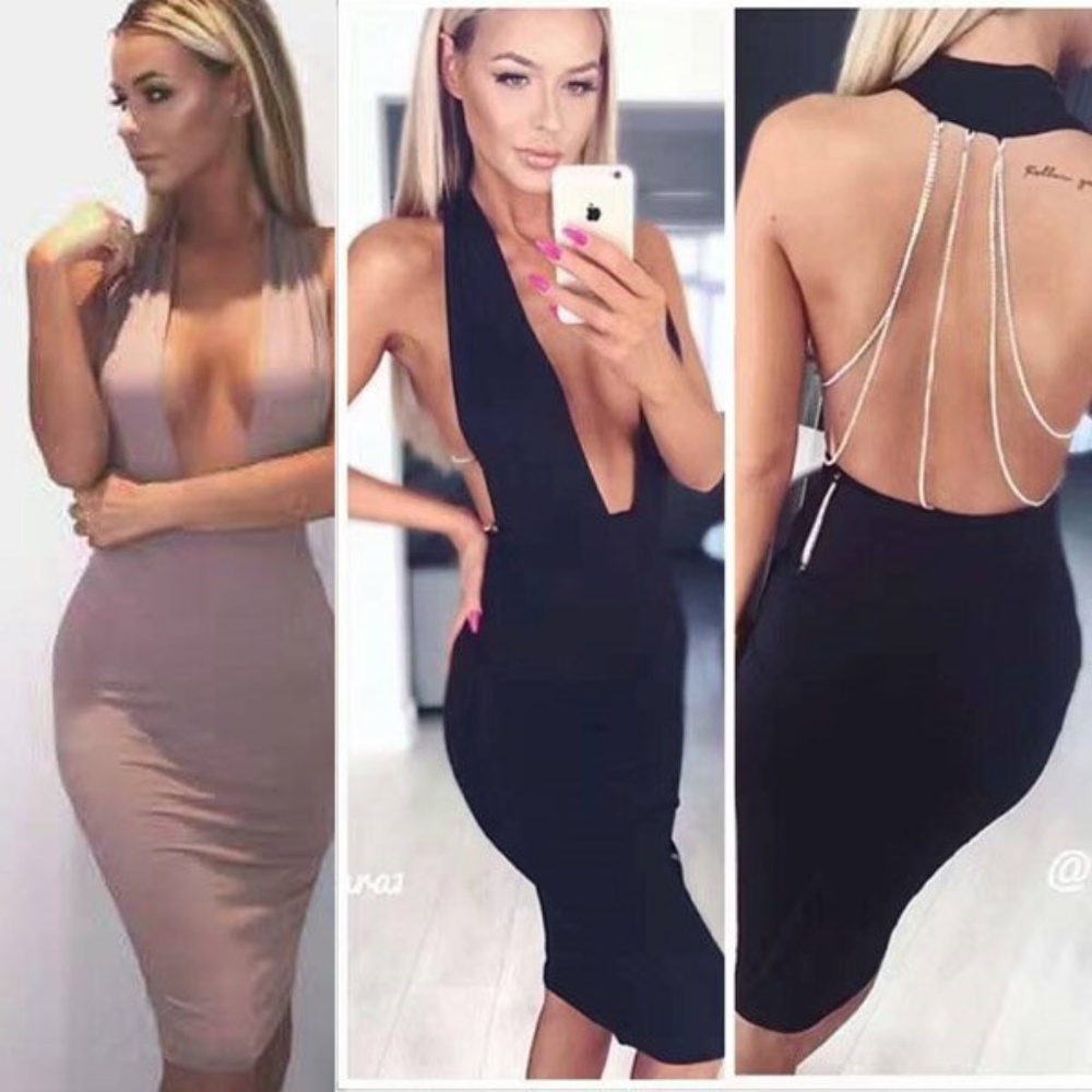 Backless halter neck chained back bandage dress